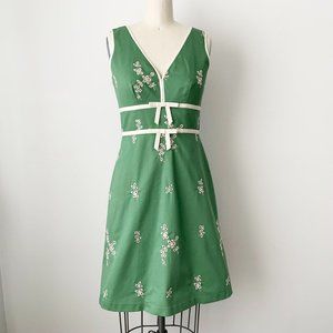 SANDRA ANGELOZZI Green Cotton and White Floral Sleeveless Empire Waist Dress